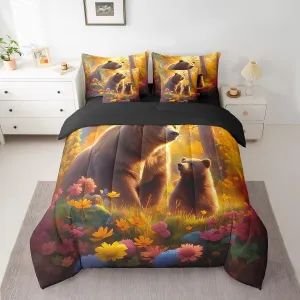 Manfei Cartoon Bears Bedding Set Queen Size 7 Pcs,Autumn Trees Flowers Bed Set Farmhouse Style Animal Comforter Set with Sheets,Orange Brown Bed in a Bag with Comforter,Sheets,Pillowcases