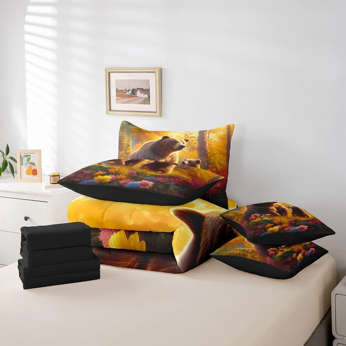 Manfei Cartoon Bears Bedding Set Queen Size 7 Pcs,Autumn Trees Flowers Bed Set Farmhouse Style Animal Comforter Set with Sheets,Orange Brown Bed in a Bag with Comforter,Sheets,Pillowcases