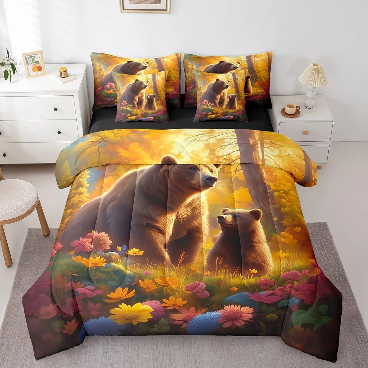 Manfei Cartoon Bears Bedding Set Queen Size 7 Pcs,Autumn Trees Flowers Bed Set Farmhouse Style Animal Comforter Set with Sheets,Orange Brown Bed in a Bag with Comforter,Sheets,Pillowcases