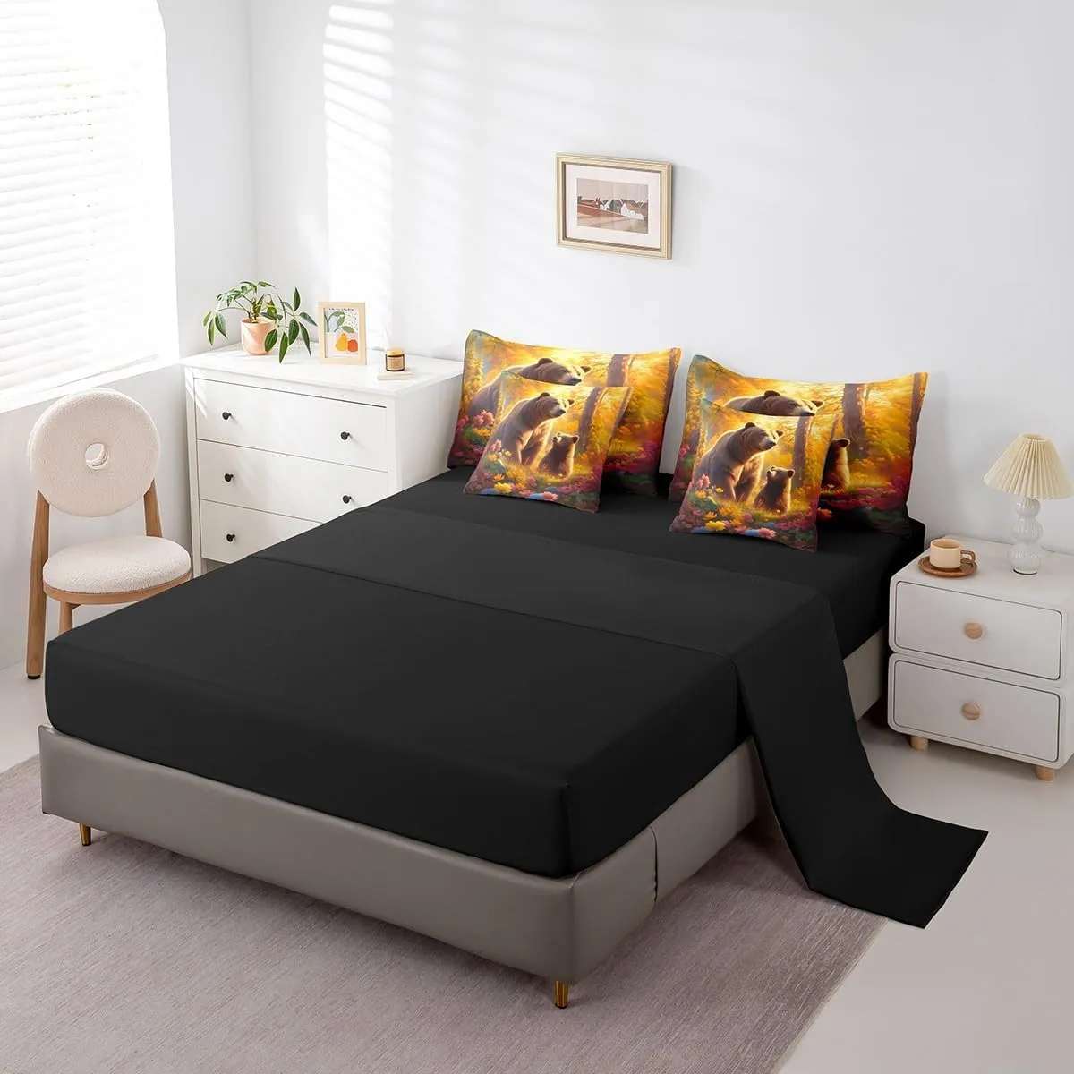 Manfei Cartoon Bears Bedding Set Queen Size 7 Pcs,Autumn Trees Flowers Bed Set Farmhouse Style Animal Comforter Set with Sheets,Orange Brown Bed in a Bag with Comforter,Sheets,Pillowcases