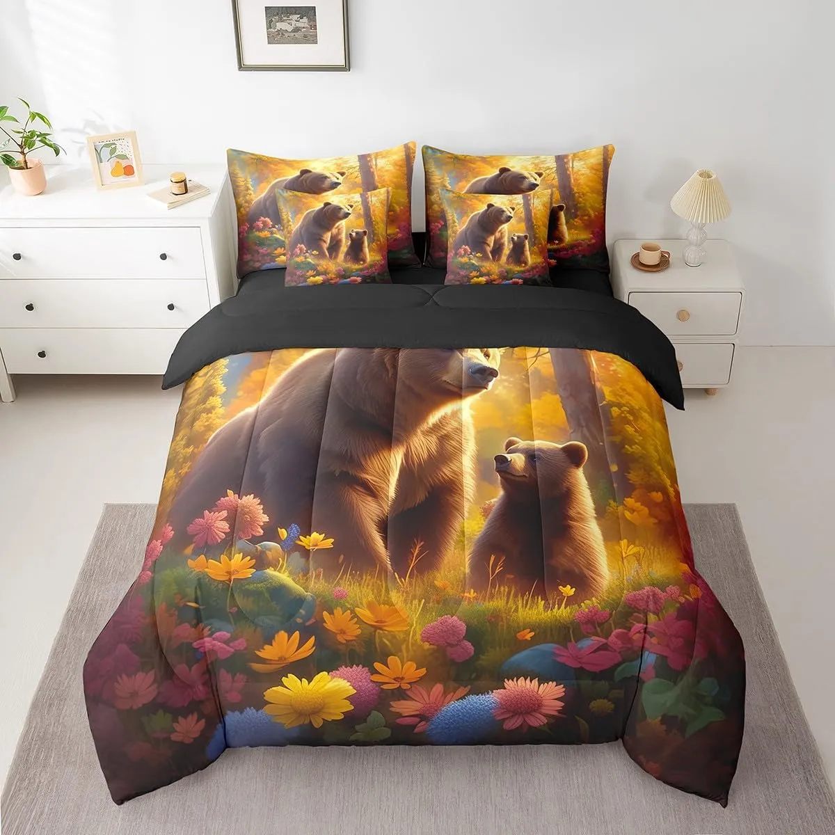 Manfei Cartoon Bears Bedding Set Queen Size 7 Pcs,Autumn Trees Flowers Bed Set Farmhouse Style Animal Comforter Set with Sheets,Orange Brown Bed in a Bag with Comforter,Sheets,Pillowcases
