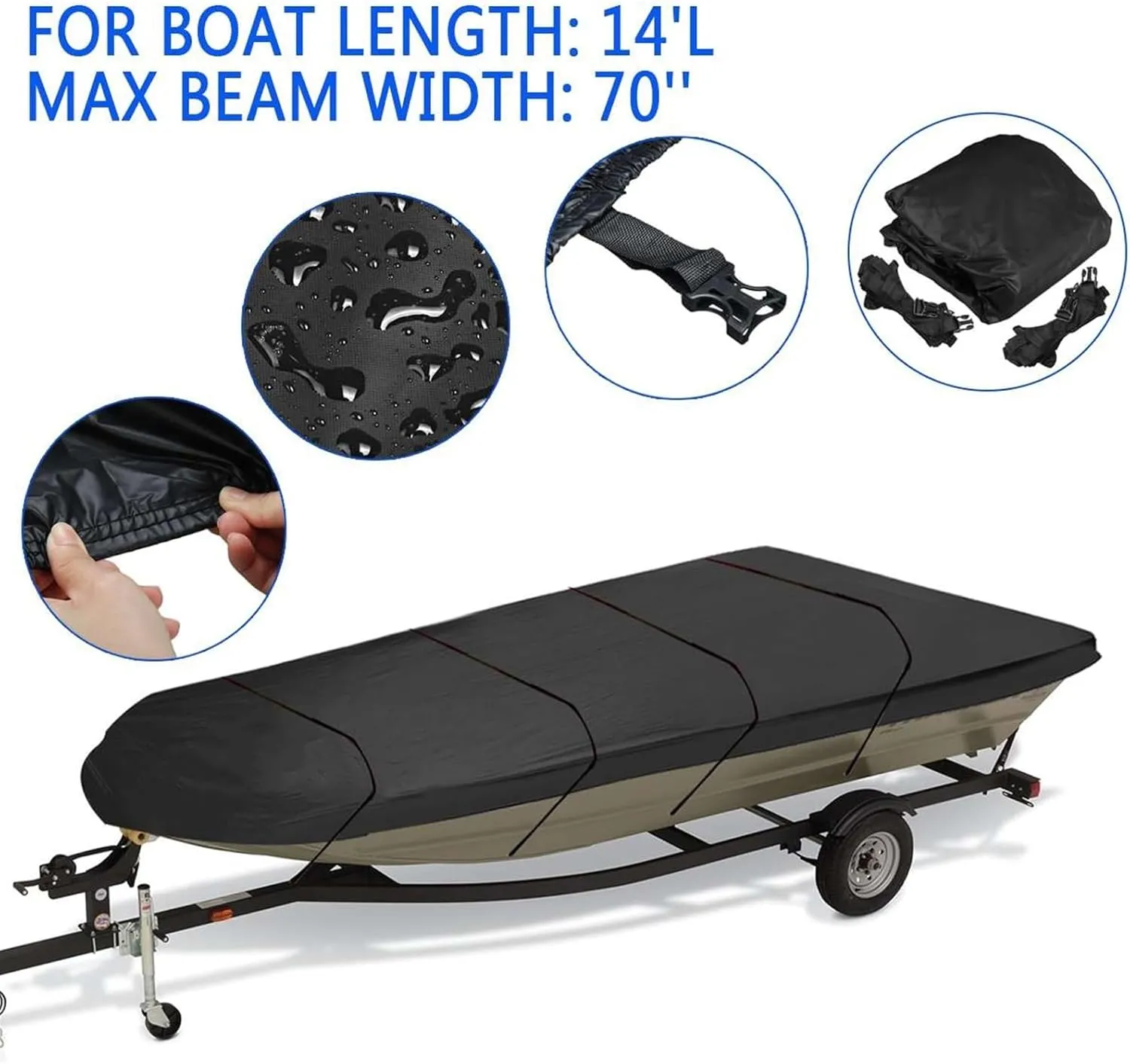 Marine Accessories 600D Waterproof Jon Boat Cover Heavy Duty Marine Boat Sunshade Dust-Proof Anti-UV Protection 12Ft/14Ft/16Ft/18Ft(14Ft)