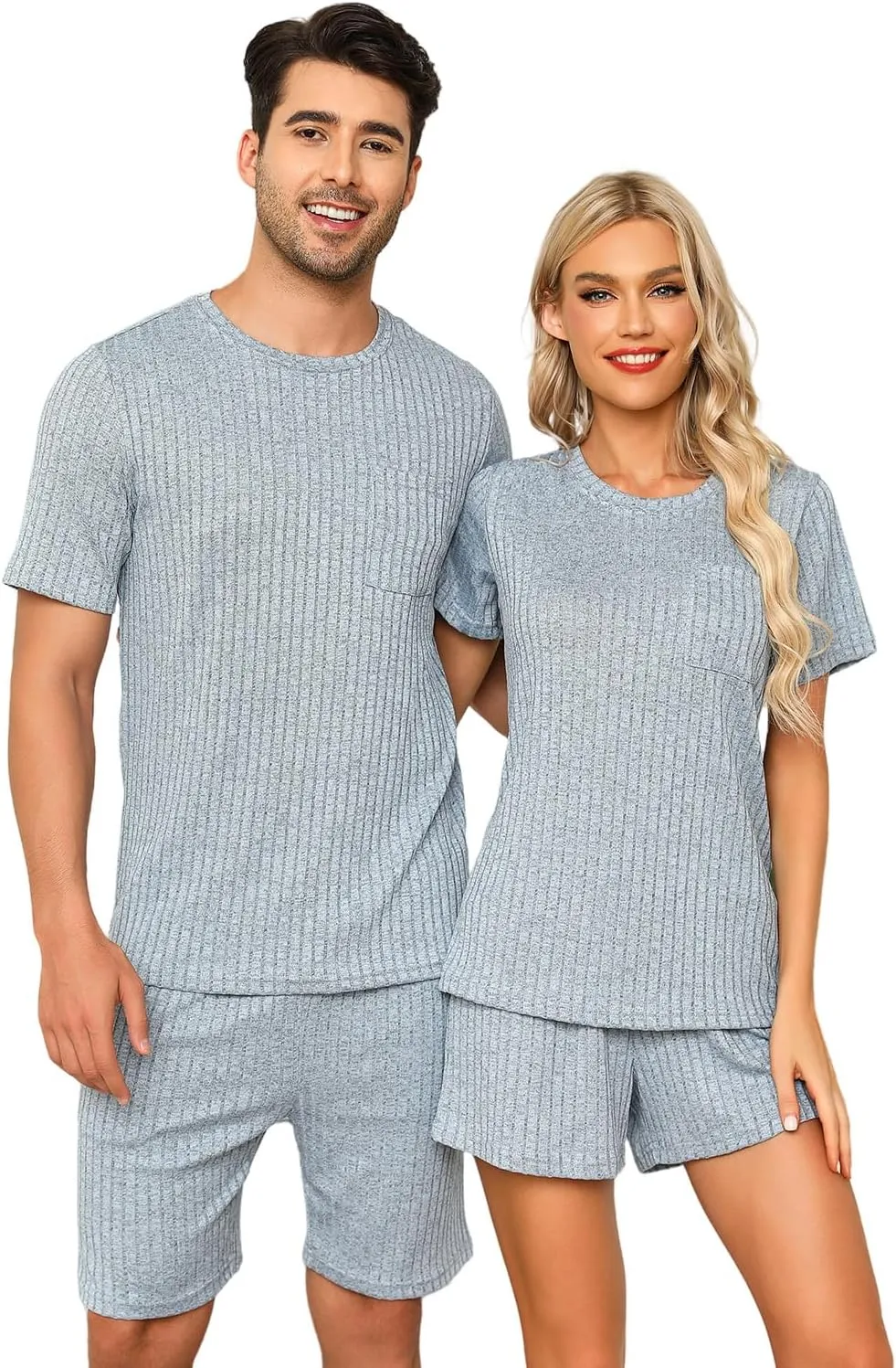 Matching Pajamas for Couples Ribbed Knit Lounge Set Soft Short Sleeve 2 Pieces Sleepwear S-XXL