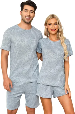 Matching Pajamas for Couples Ribbed Knit Lounge Set Soft Short Sleeve 2 Pieces Sleepwear S-XXL