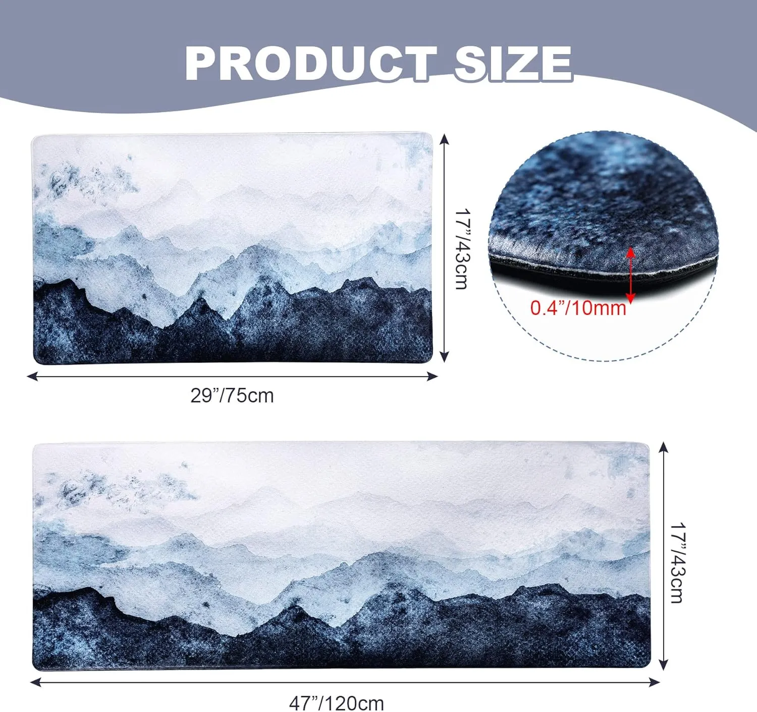 MAYHMYO Anti Fatigue Kitchen Mat - Set of 2 - Blue Mountains Design Comfort Mats - Cushioned, Non Slip Floor Mat