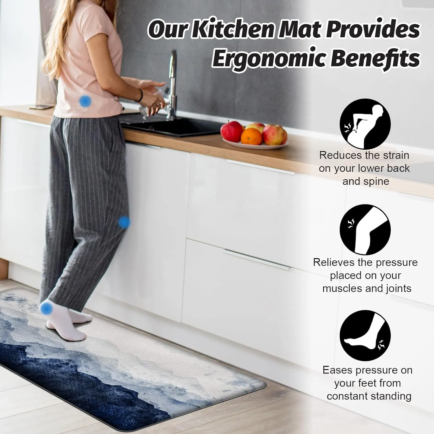 MAYHMYO Anti Fatigue Kitchen Mat - Set of 2 - Blue Mountains Design Comfort Mats - Cushioned, Non Slip Floor Mat