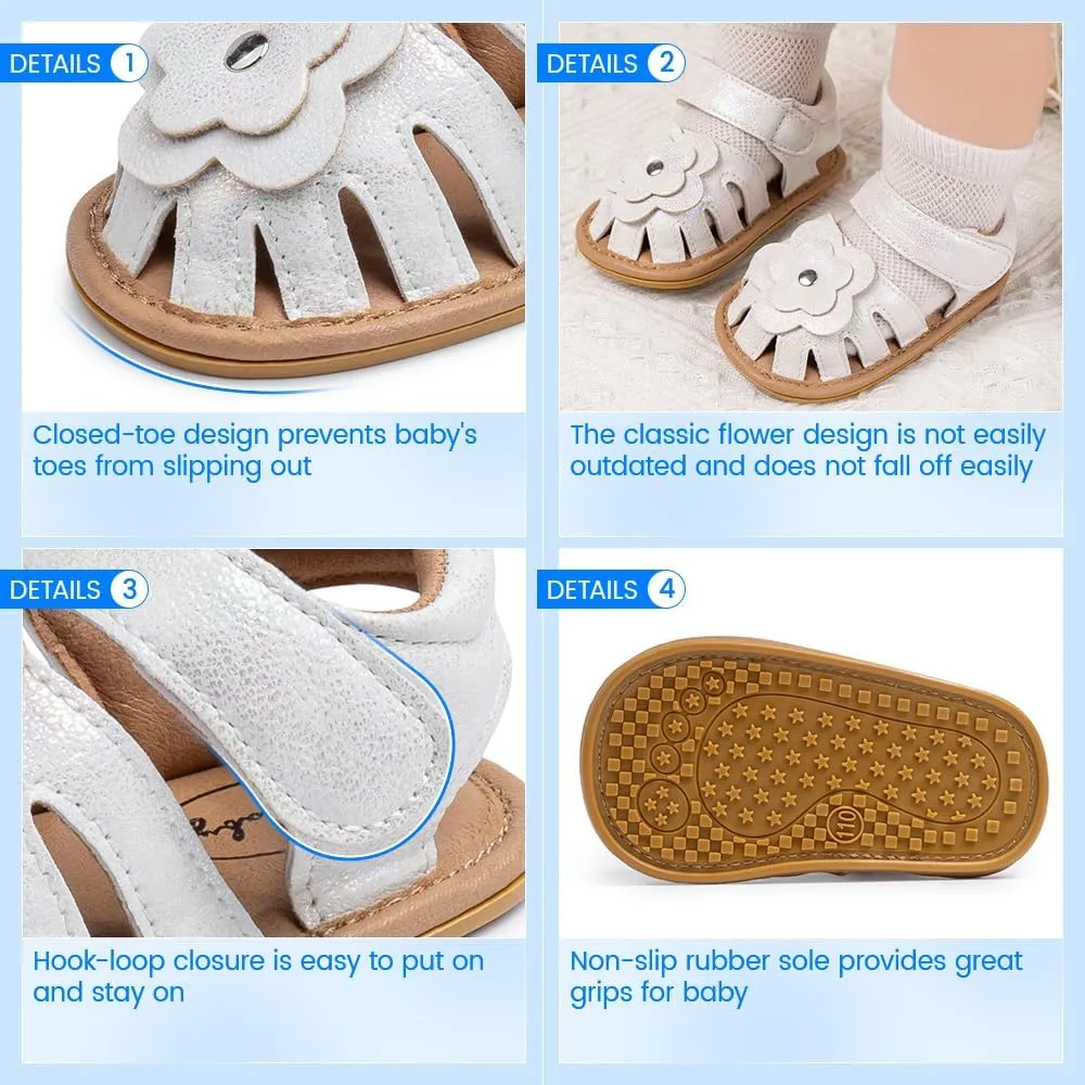 Meckior Baby Toddler Infant Girls PU Leather Soft Open Toe Summer Sandals Flower Princess Flat Shoes