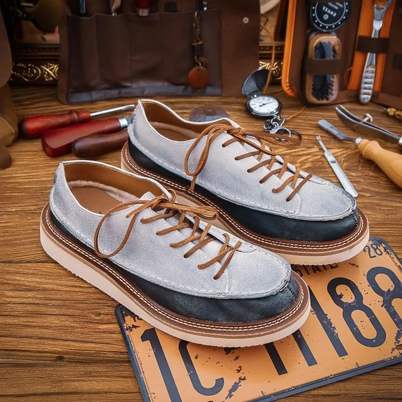 Men's Casual Stitching Design Anti-Suede Brushed Leather Shoes Soft Sole Breathable Loose Flat Sole Suitable for Daily Wear Commuting