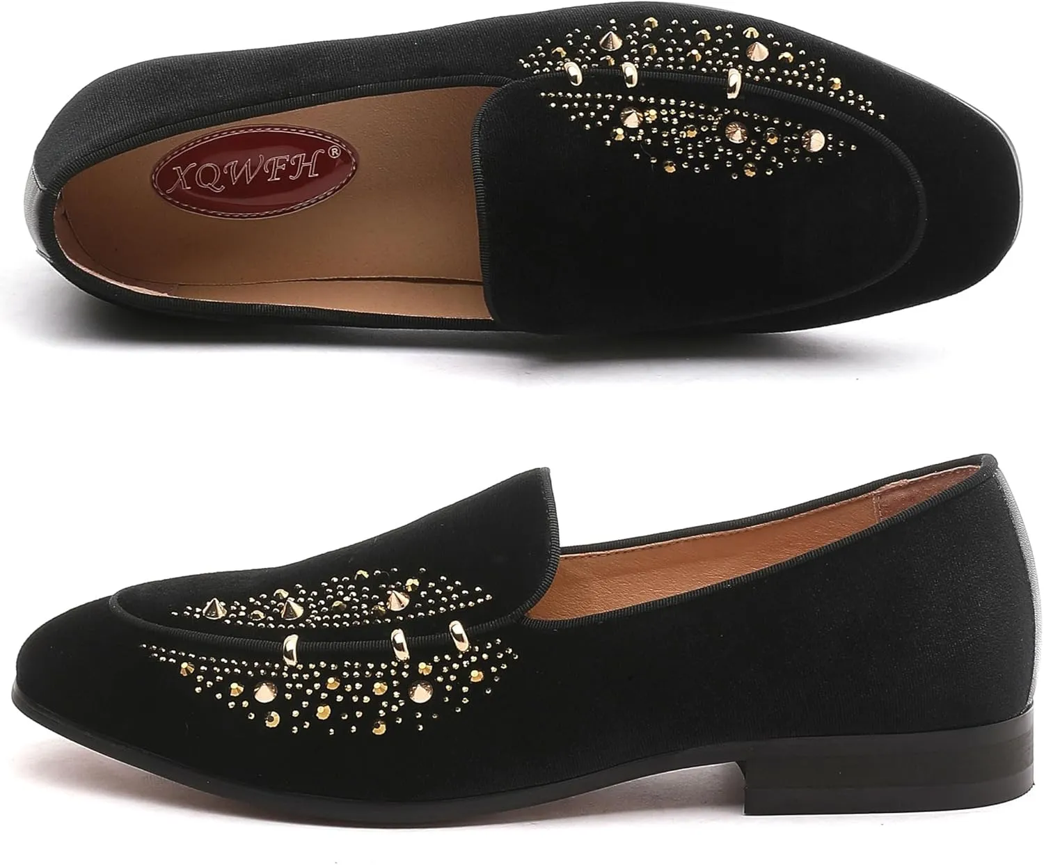Men's Luxury Velvet Penny Loafers with Fashion Spiked, Casual Penny Loafers for Men, Noble Slip-on Dress Loafers Glitter Suede Smoking Slippers (Black)