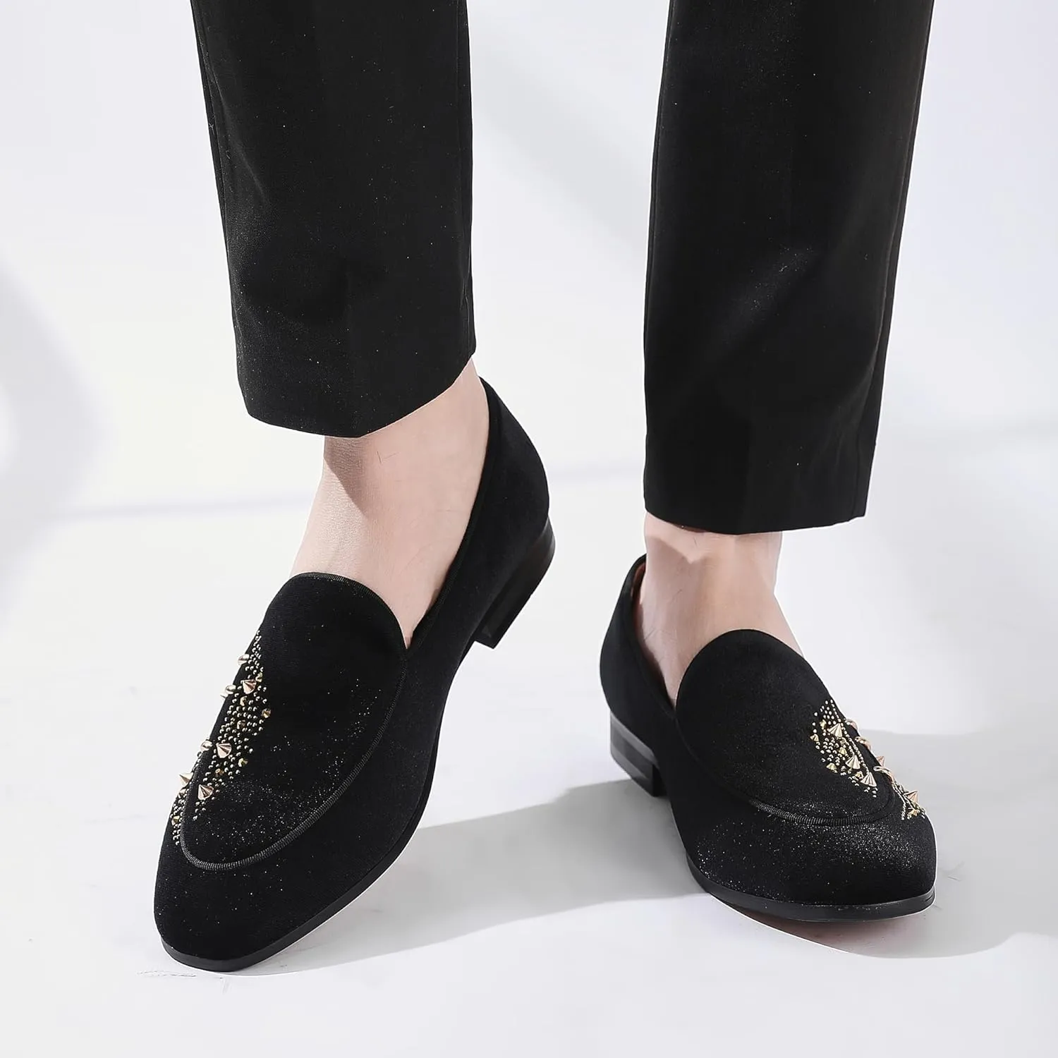 Men's Luxury Velvet Penny Loafers with Fashion Spiked, Casual Penny Loafers for Men, Noble Slip-on Dress Loafers Glitter Suede Smoking Slippers (Black)