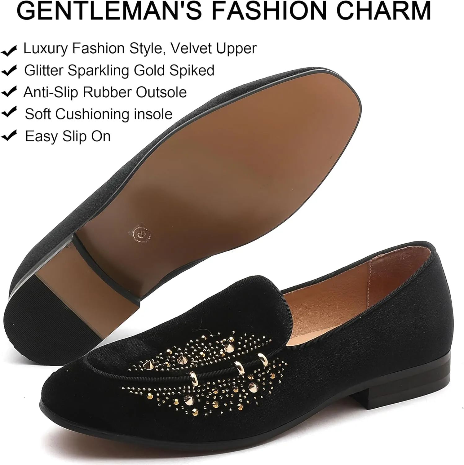 Men's Luxury Velvet Penny Loafers with Fashion Spiked, Casual Penny Loafers for Men, Noble Slip-on Dress Loafers Glitter Suede Smoking Slippers (Black)