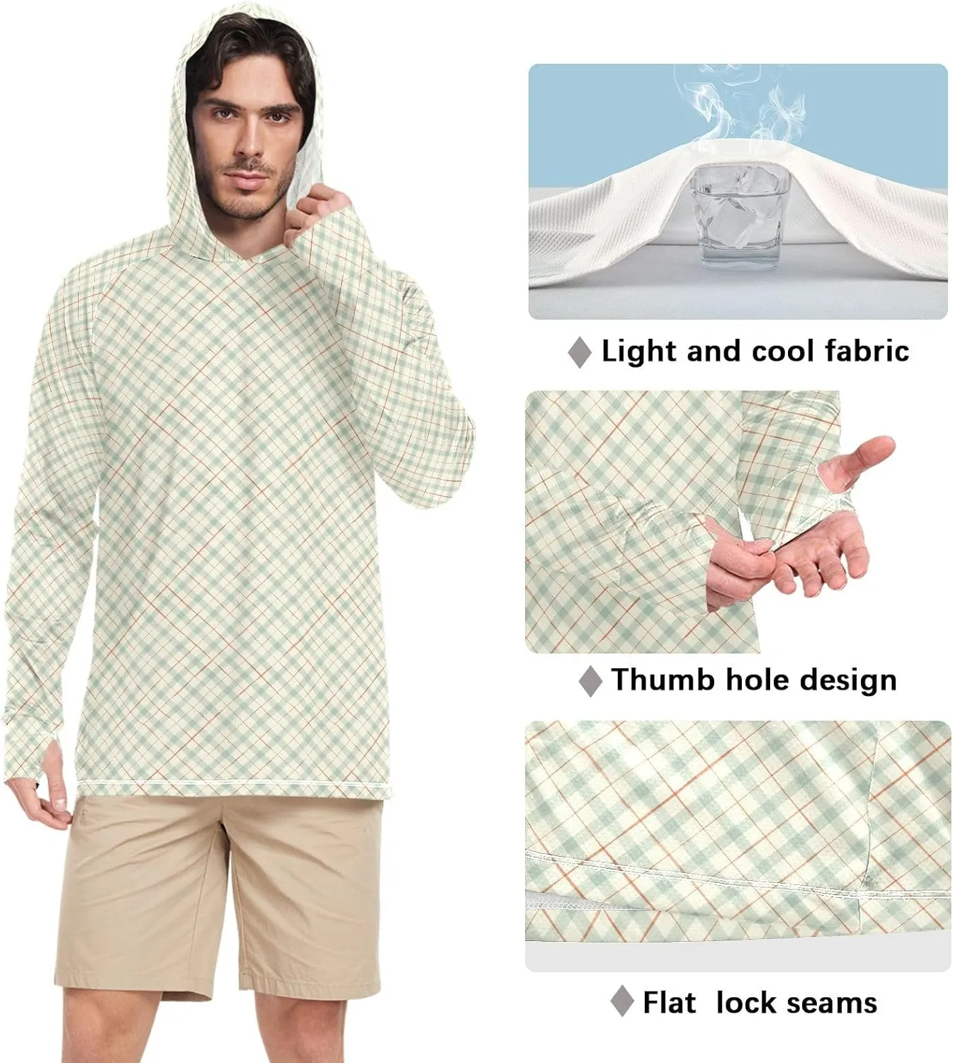 Mens Sun Protection Hoodie Long Sleeve Fishing Shirt UPF 50  Fishing Shirts for Men Rashguard for Men Gingham