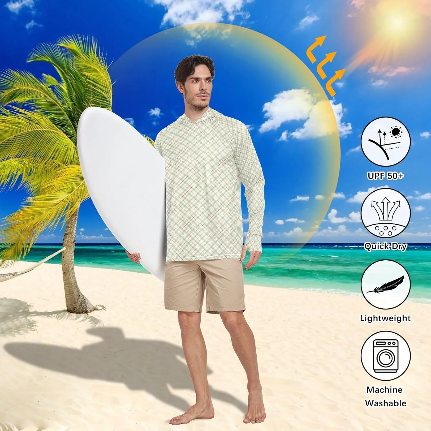 Mens Sun Protection Hoodie Long Sleeve Fishing Shirt UPF 50  Fishing Shirts for Men Rashguard for Men Gingham