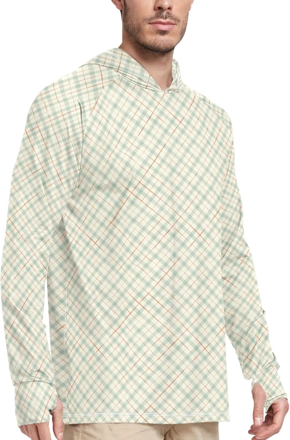 Mens Sun Protection Hoodie Long Sleeve Fishing Shirt UPF 50  Fishing Shirts for Men Rashguard for Men Gingham