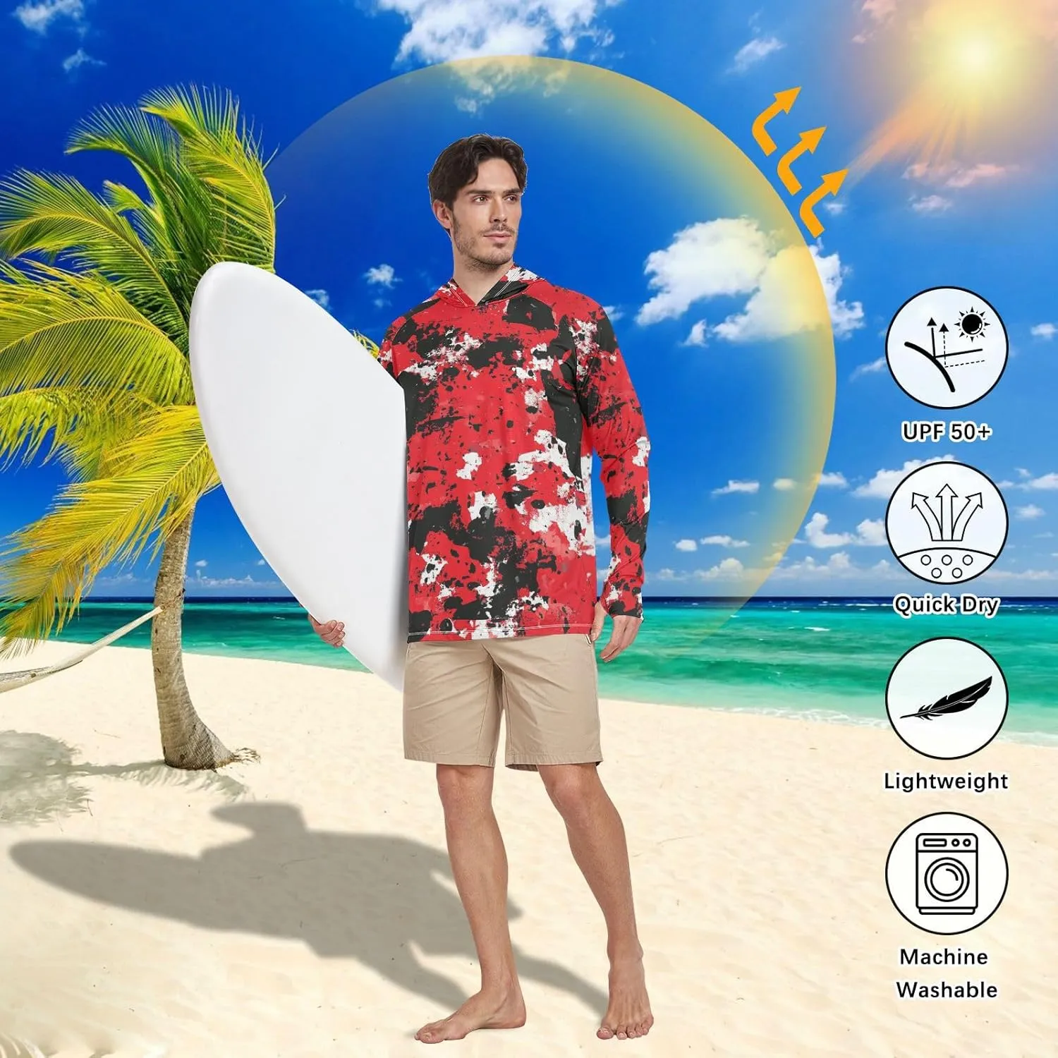 Mens Sun Protection Hoodie Long Sleeve Quick-Dry UPF 50  Rash Guard for Men