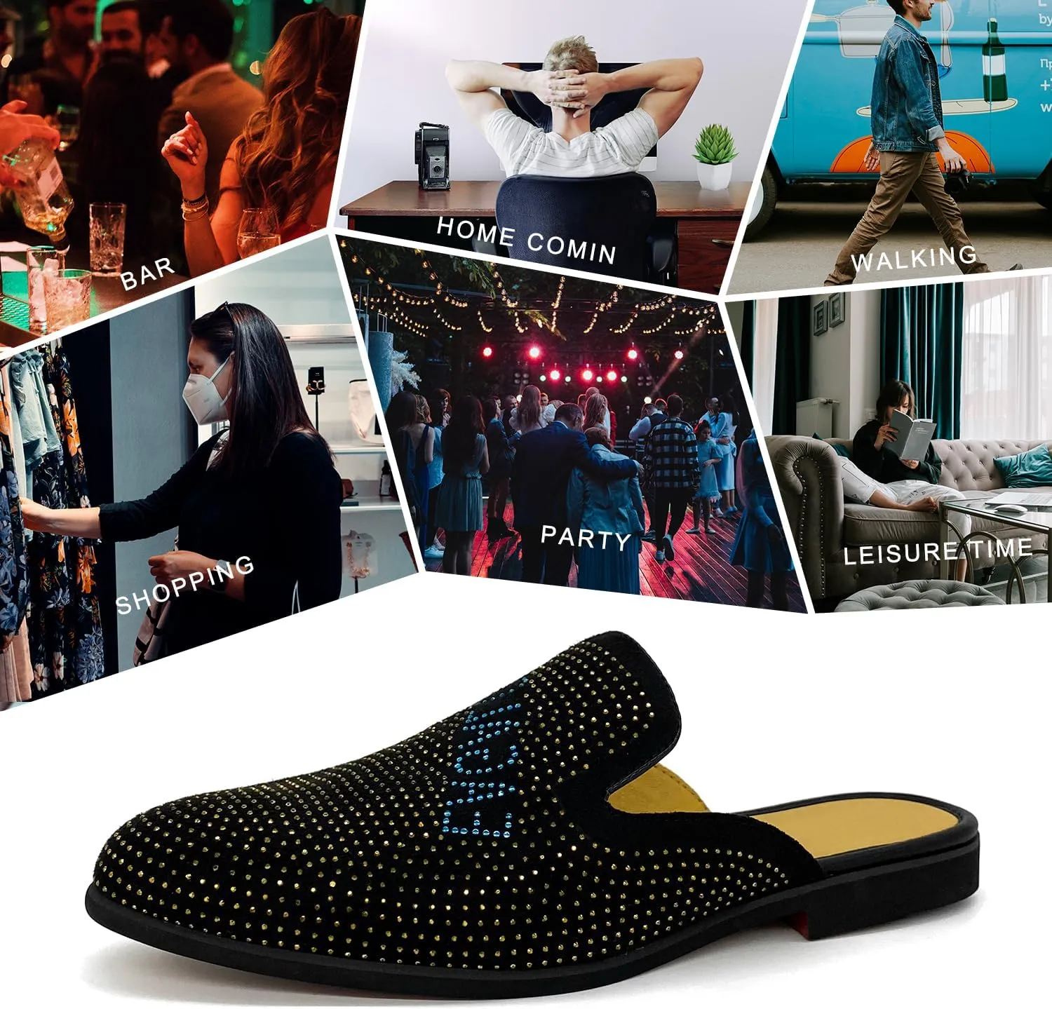 Mens Velvet Slip-On Mules Loafers Glitter Half Loafers Shoes Mens Backless Sandals Black White Size 7-13