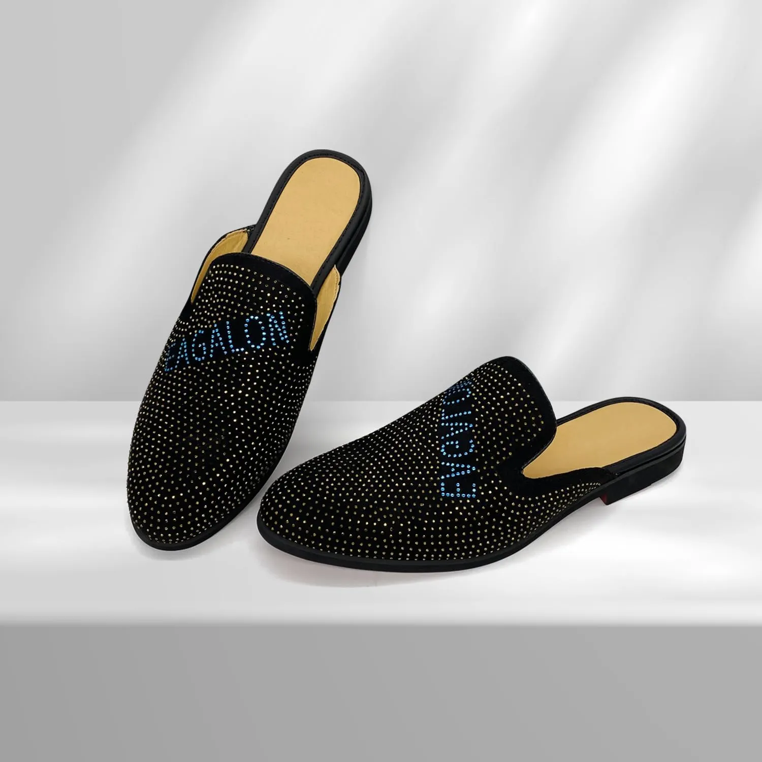 Mens Velvet Slip-On Mules Loafers Glitter Half Loafers Shoes Mens Backless Sandals Black White Size 7-13