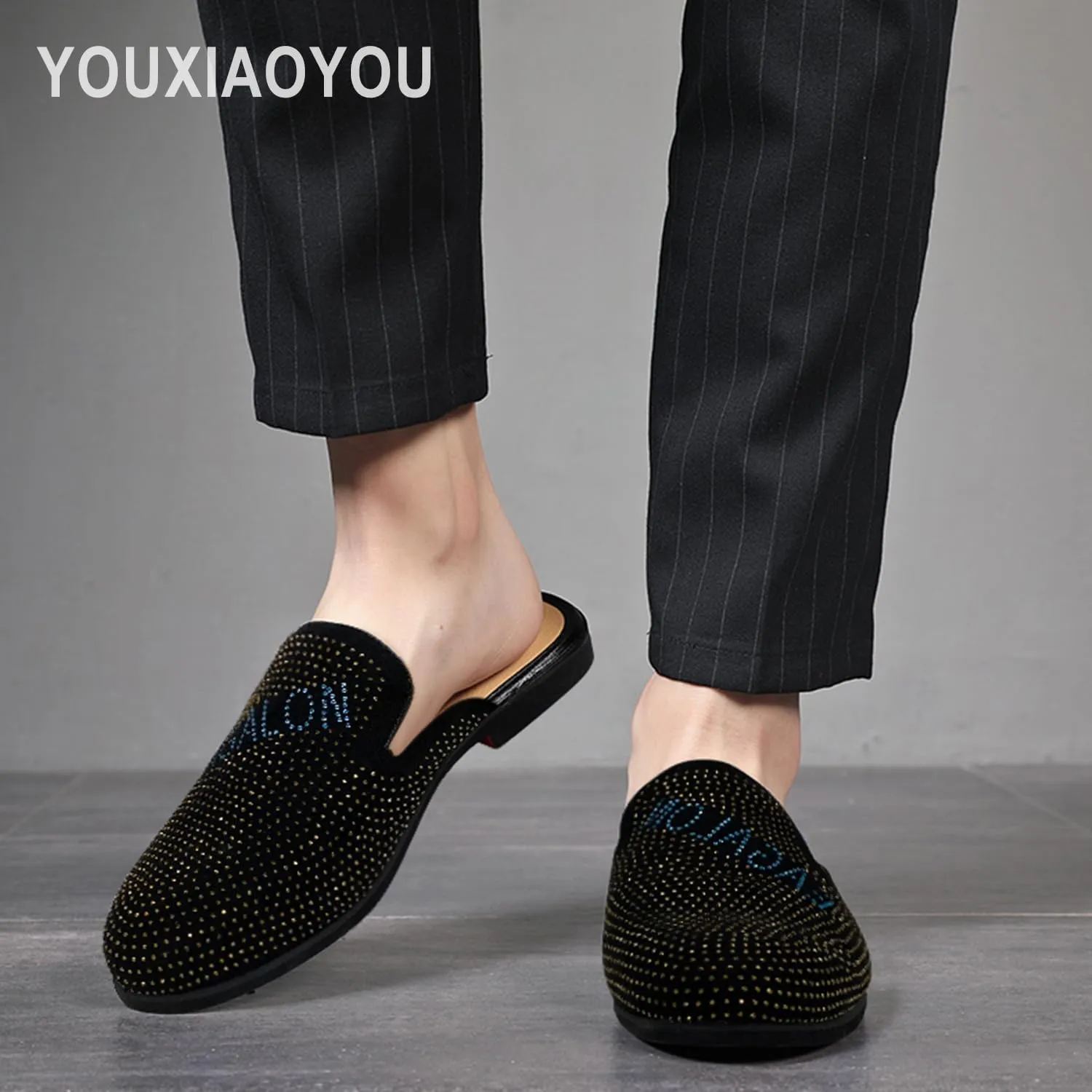 Mens Velvet Slip-On Mules Loafers Glitter Half Loafers Shoes Mens Backless Sandals Black White Size 7-13