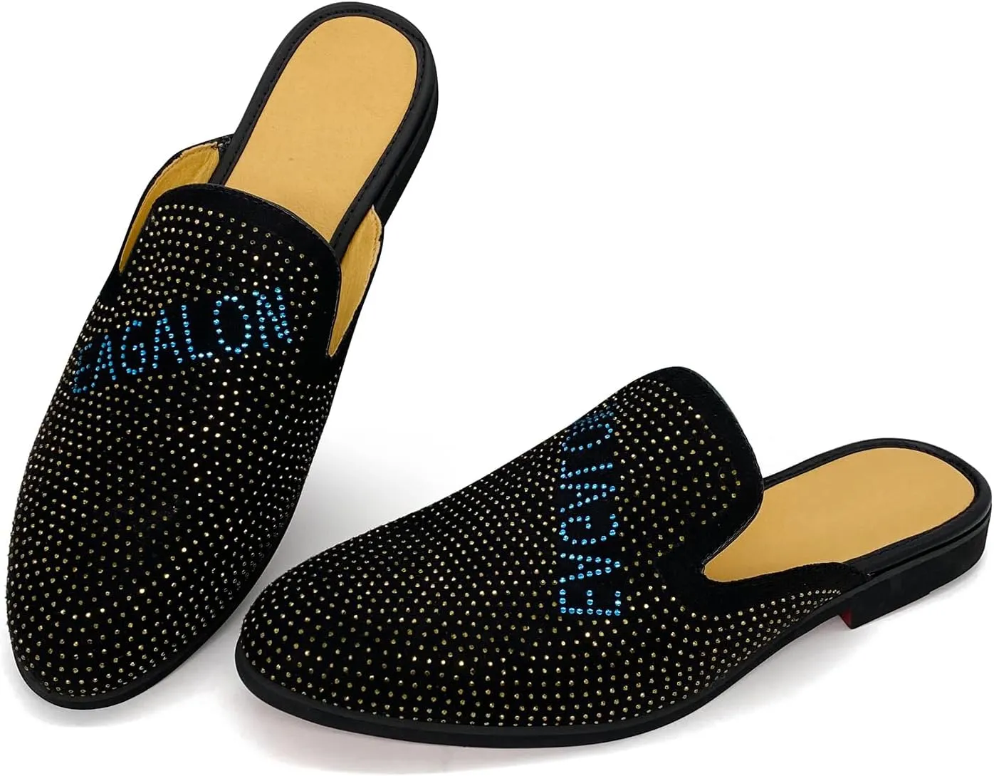 Mens Velvet Slip-On Mules Loafers Glitter Half Loafers Shoes Mens Backless Sandals Black White Size 7-13
