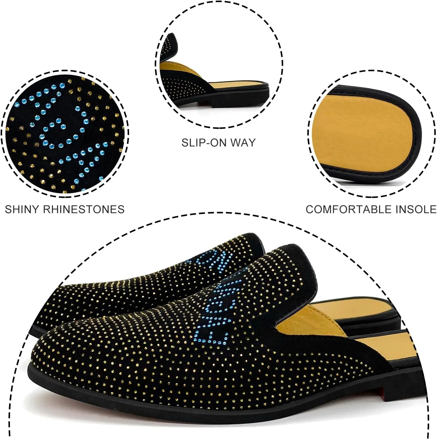 Mens Velvet Slip-On Mules Loafers Glitter Half Loafers Shoes Mens Backless Sandals Black White Size 7-13