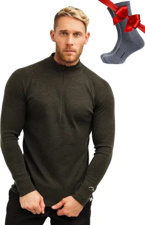 Merino Wool Base Layer Mens - Wool Half Zip Sweater Men - Merino Quarter Zip Sweater Lite, Midweight, Heavyweight and Socks