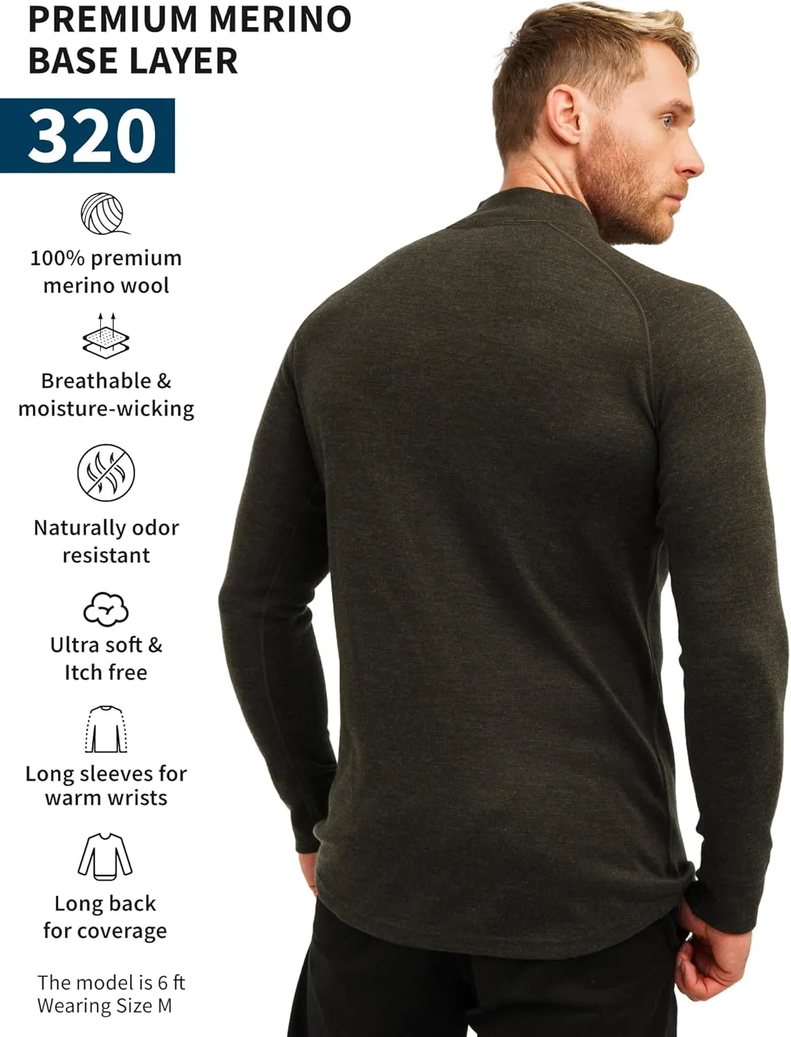 Merino Wool Base Layer Mens - Wool Half Zip Sweater Men - Merino Quarter Zip Sweater Lite, Midweight, Heavyweight and Socks