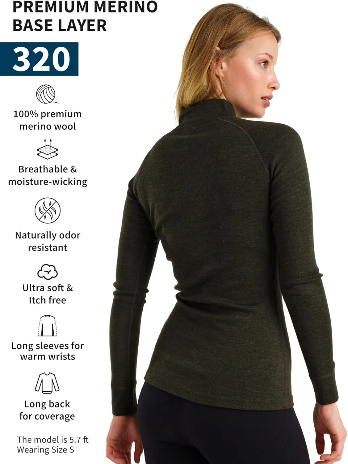Merino Wool Base Layer Women - 100% Merino Half Zip Sweater Women Lite, Midweight, Heavyweight Thermal Shirts and Socks