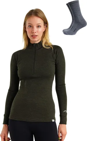 Merino Wool Base Layer Women - 100% Merino Half Zip Sweater Women Lite, Midweight, Heavyweight Thermal Shirts and Socks