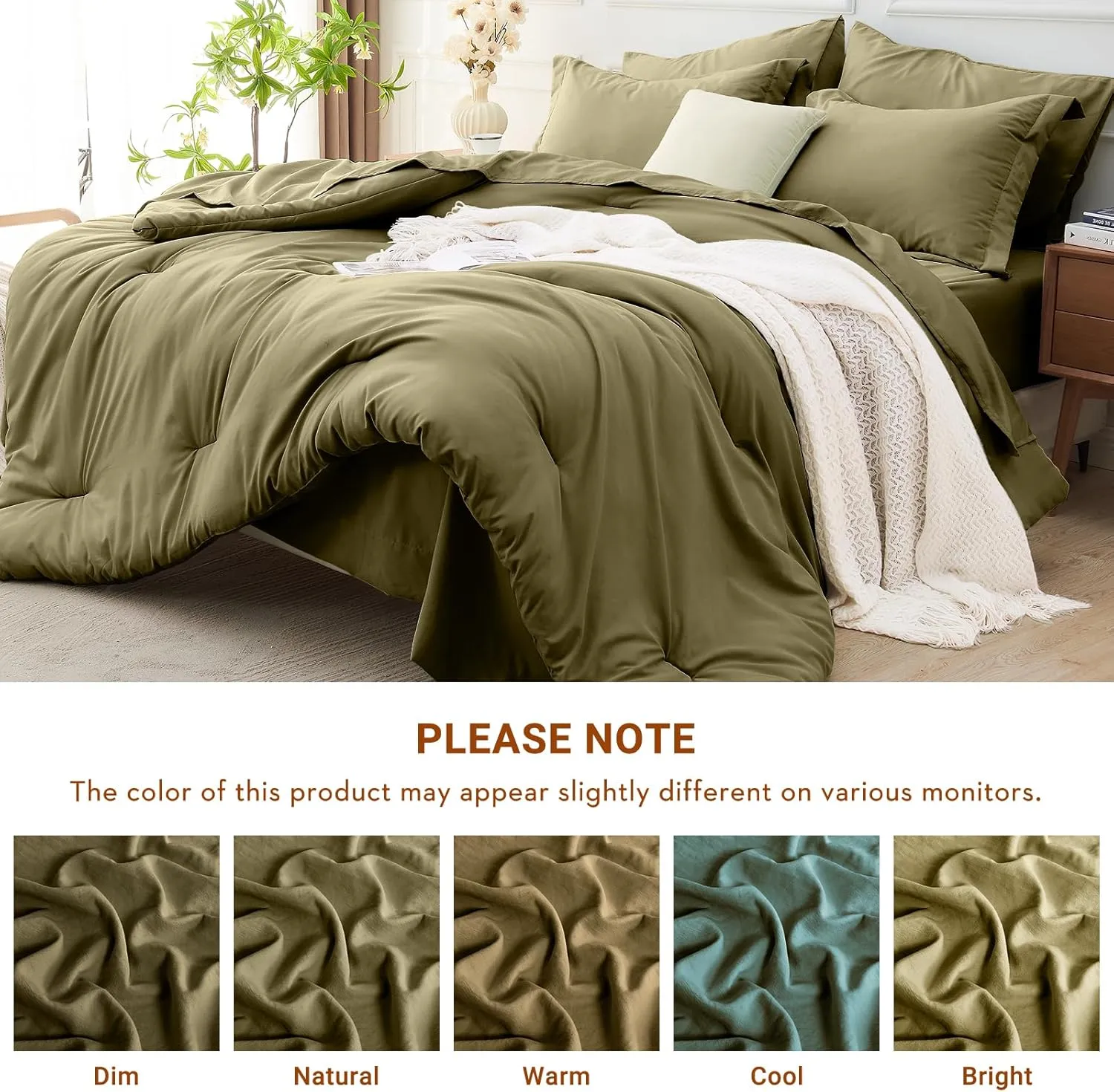 MUXHOMO 7 Pieces Queen Comforter Set, Soft Bed in a Bag Queen Size, All Season Bedding Set with Comforter, Flat Sheet, Fitted Sheet, Pillowcases & Shams, Olive Green