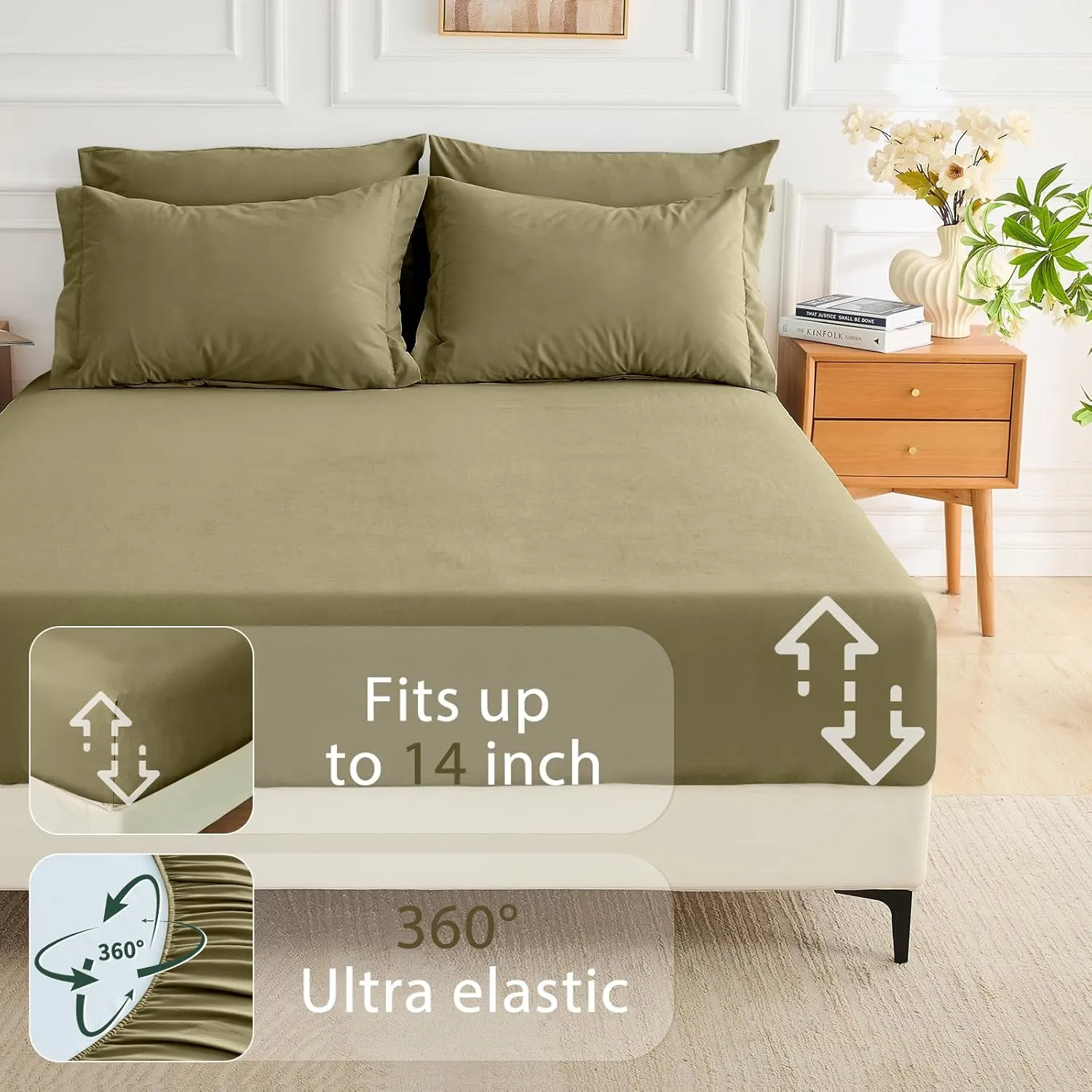 MUXHOMO 7 Pieces Queen Comforter Set, Soft Bed in a Bag Queen Size, All Season Bedding Set with Comforter, Flat Sheet, Fitted Sheet, Pillowcases & Shams, Olive Green