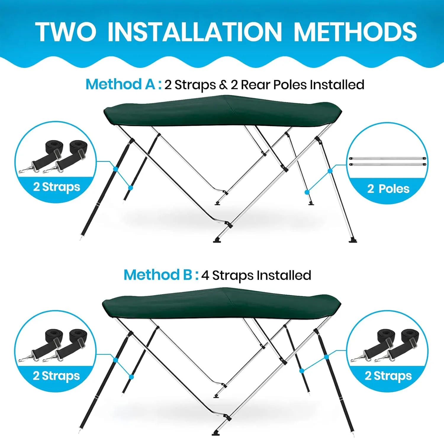 Naviskin 10 Optional Colors Available 3-4 Bow 13 Different Size Bimini Top Cover Includes Mounting Hardwares,Storage Boot with 1 Inch Aluminum Frame