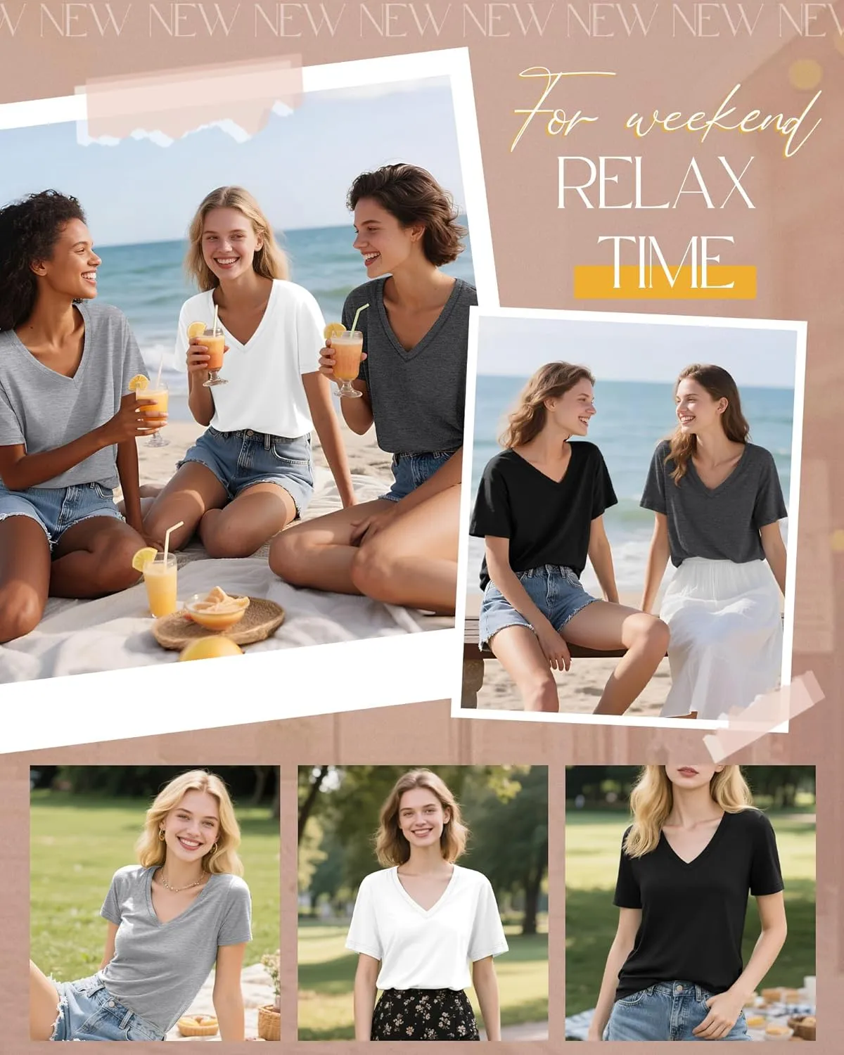 Neer 4 Pack Women's V Neck T-Shirts Summer Short Sleeve Casual Tops Loose Fit Flat Hem Basic Tees