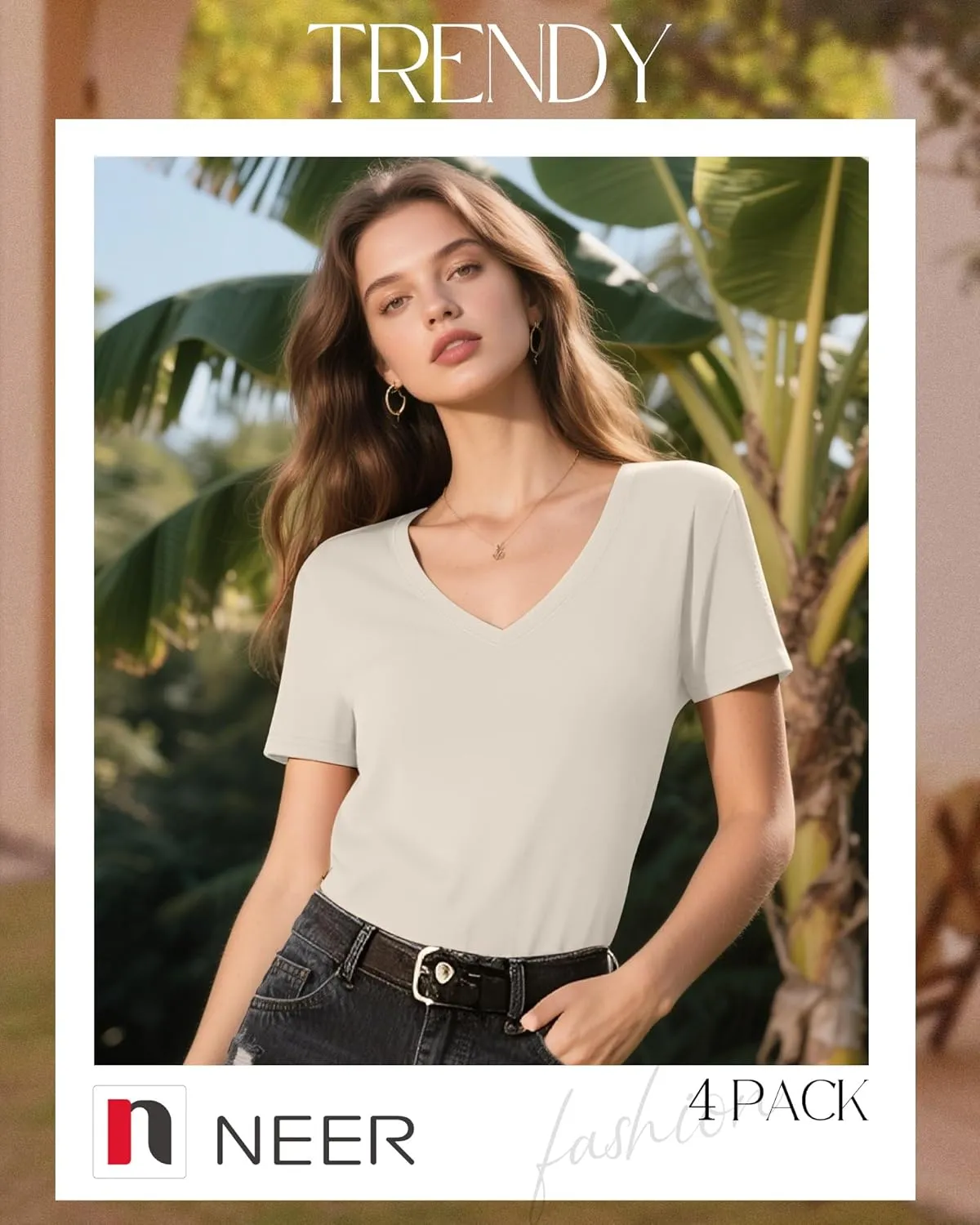 Neer 4 Pack Women's V Neck T-Shirts Summer Short Sleeve Casual Tops Loose Fit Flat Hem Basic Tees