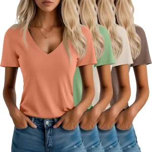 Neer 4 Pack Women's V Neck T-Shirts Summer Short Sleeve Casual Tops Loose Fit Flat Hem Basic Tees