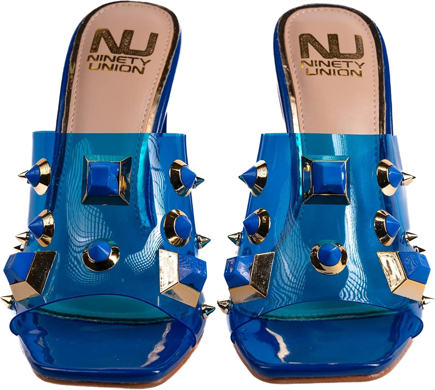 Ninety Union Vegas Lucite Multicolor Stone Slide On a Gold Circular Heel
