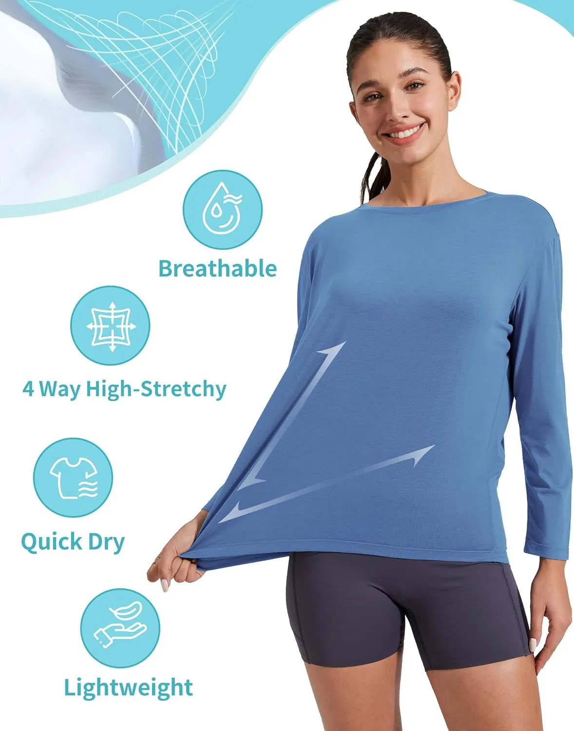 Pioneer Camp Bamboo Viscose Long Sleeve Workout Shirts for Women Back Loose Fit Yoga Athletic T-Shirts Casual Boat Neck Tops