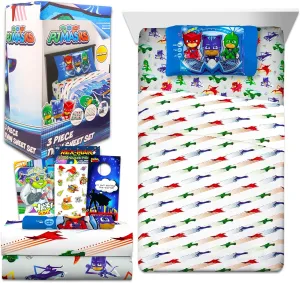 PJ Masks Bedding Set Toddler Bed - Bundle with PJ Masks Bed Sheets with Flat Sheet, Fitted Sheet, and Pillowcase for Twin Bed Plus Stickers, More | PJ Masks Sheets Twin
