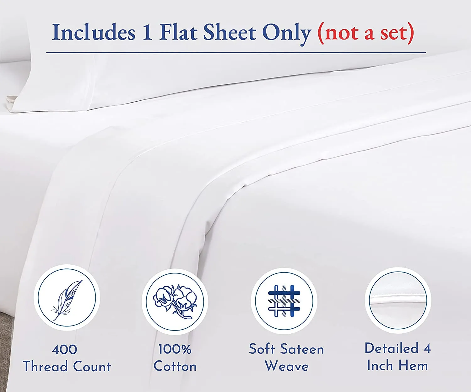 Queen Size Flat Sheet, Soft 400 Thread Count 100% Cotton Sheet Sateen, Cooling Bed Sheets, White Flat Sheet, Queen Sheets, Top Sheets, Single Queen Flat Sheet Only (Bright White)