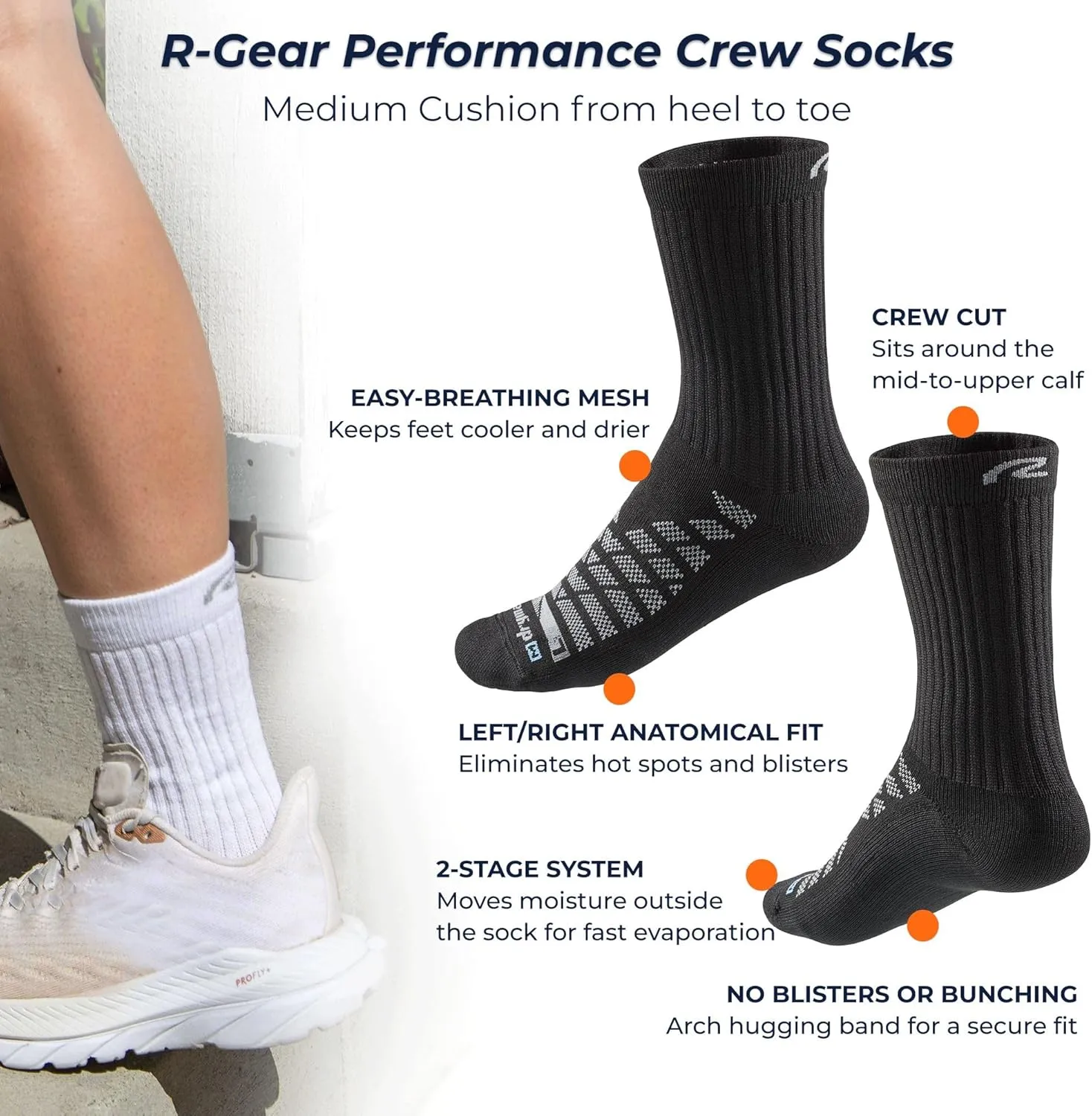 R-Gear Drymax Crew Running Socks For Men and Women, Light Cushion | Breathable, Moisture Control & Anti Blister | 3 Pack