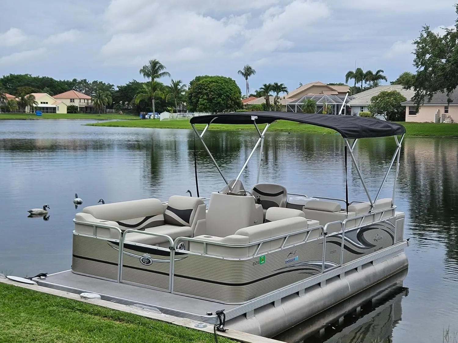 Replacement Bimini Top Canvas with Boot, Made for Qwest Pontoon Boats, Fits Factory Frame!, 9' Long x 8.5' Wide, 16oz, 4 Bow, Light Cut Out