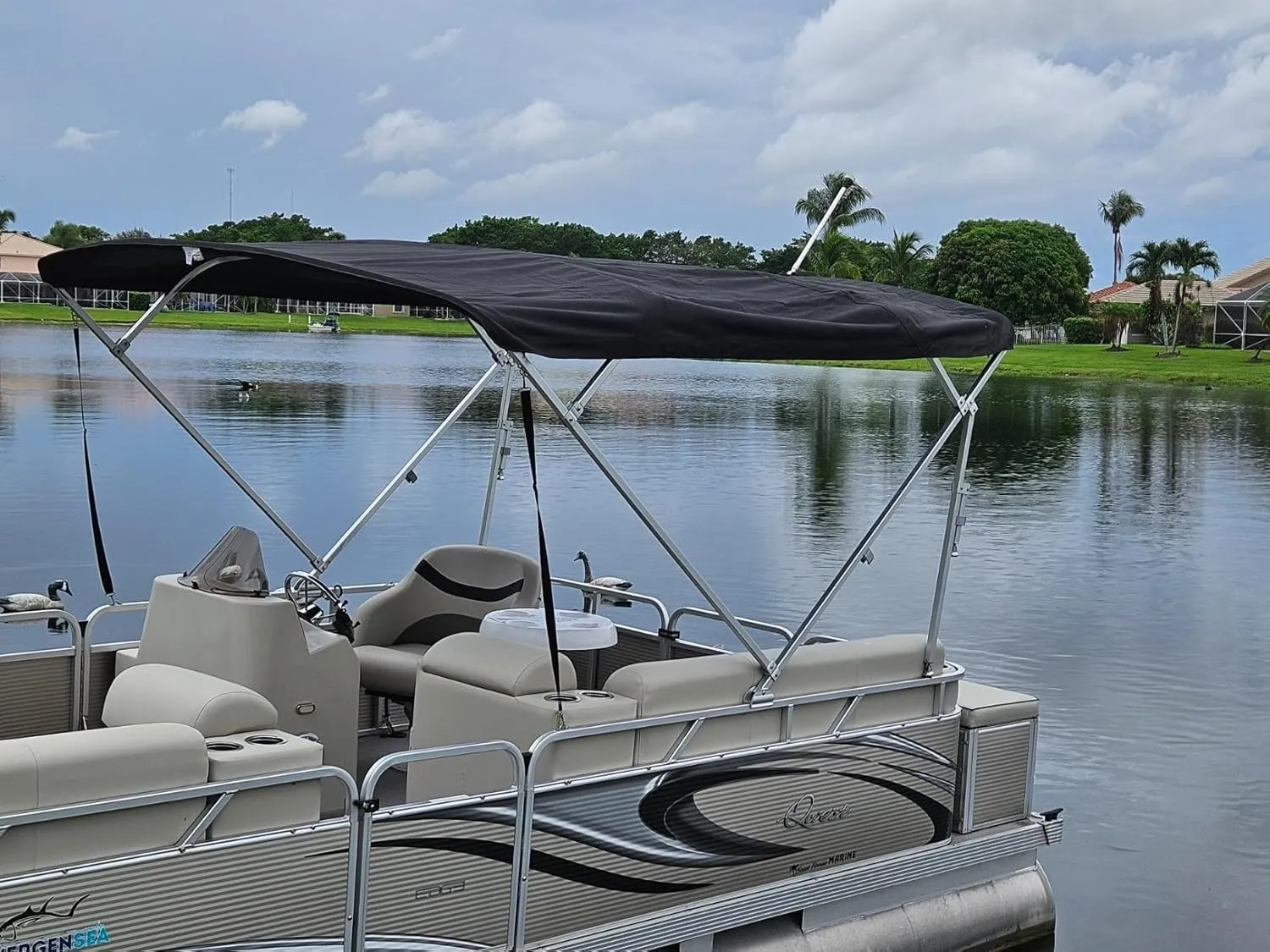 Replacement Bimini Top Canvas with Boot, Made for Qwest Pontoon Boats, Fits Factory Frame!, 9' Long x 8.5' Wide, 16oz, 4 Bow, Light Cut Out