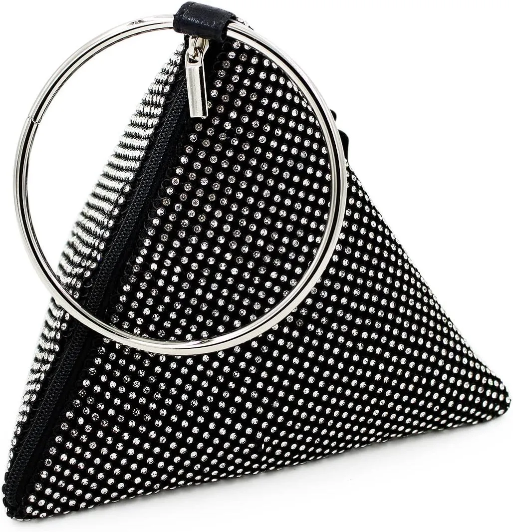 Rhinestone Mesh Triangle Pyramid Clutch Full Crystal Soft Wristlet Handbag