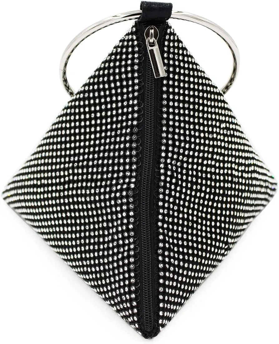Rhinestone Mesh Triangle Pyramid Clutch Full Crystal Soft Wristlet Handbag