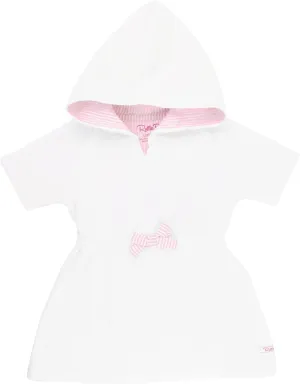 RuffleButts® Girls White w/Pink Seersucker Terry Hoodie Swimsuit Cover-Up - 3T