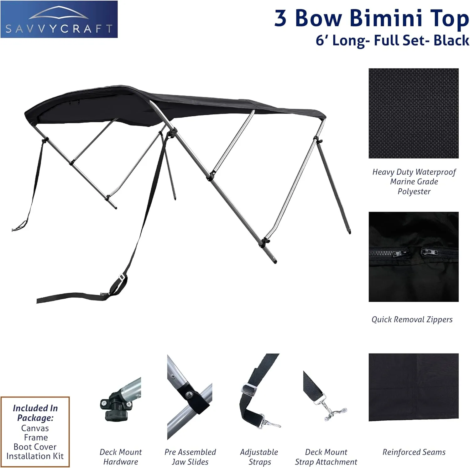 SavvyCraft 3 Bow Bimini Top Cover for Boat 6ft Long, Aluminum Frame with Storage Boot, Rear Support Poles Mounting Hardwares Included, 72" Long 36" 46" 54" 3 Height Options