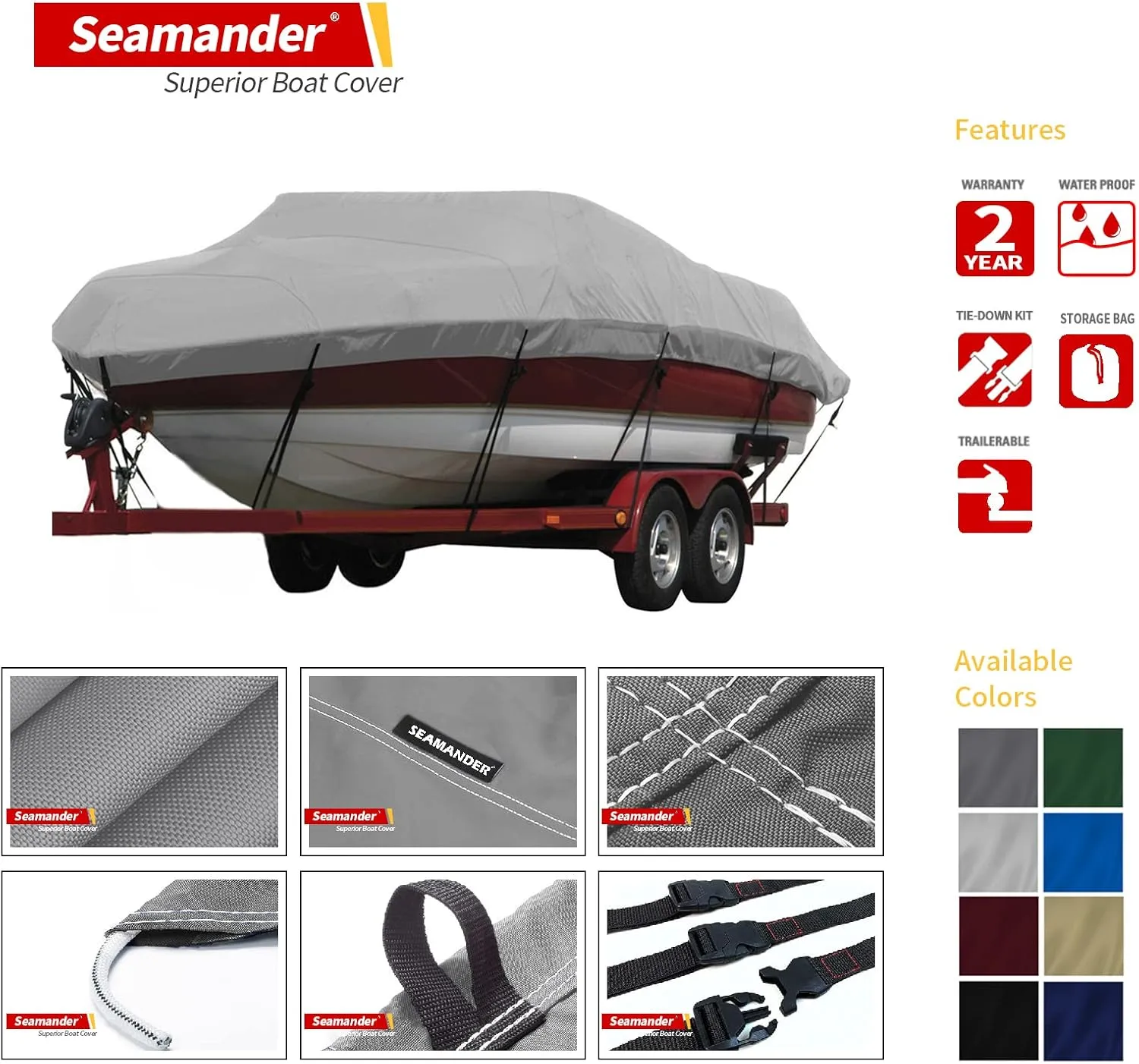 Seamander Waterproof Boat Cover, Solution-Dyed Yarn Marine Grade Cover Fits 23' to 24' ft Bass, V-Hull, Tri-Hull, Fish & Ski, Runabout Bowrider Boats - Heavy Duty Canvas Gray