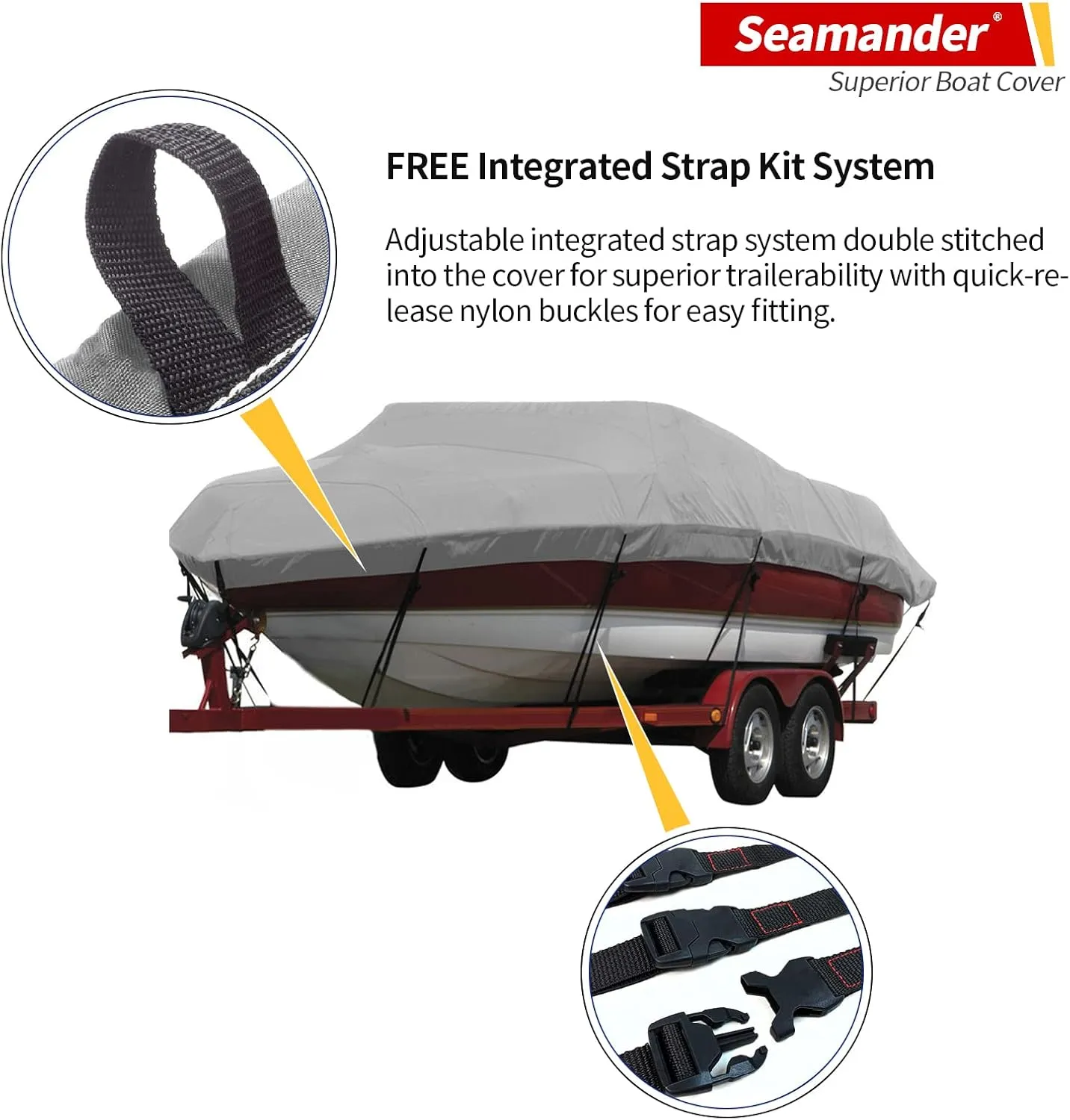 Seamander Waterproof Boat Cover, Solution-Dyed Yarn Marine Grade Cover Fits 23' to 24' ft Bass, V-Hull, Tri-Hull, Fish & Ski, Runabout Bowrider Boats - Heavy Duty Canvas Gray