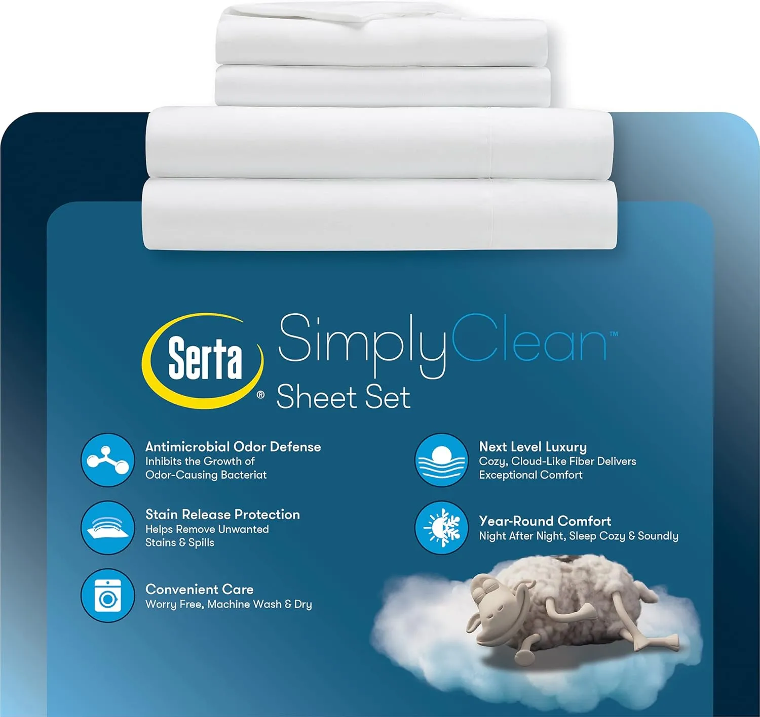 Serta Simply Clean Super Soft Hypoallergenic Stain Resistant Deep Pocket 4 Pieces Solid Bed Sheet Set, Queen, White