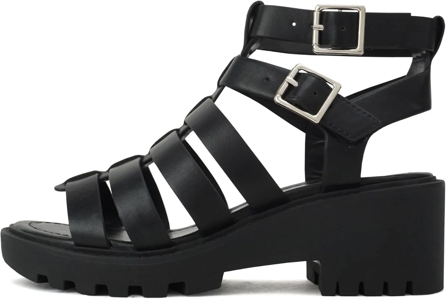 Soda “Rebirth” ~ Women Open Toe Fisherman Multi Strap Buckle Lug Sole Low Block Heeled Sandals