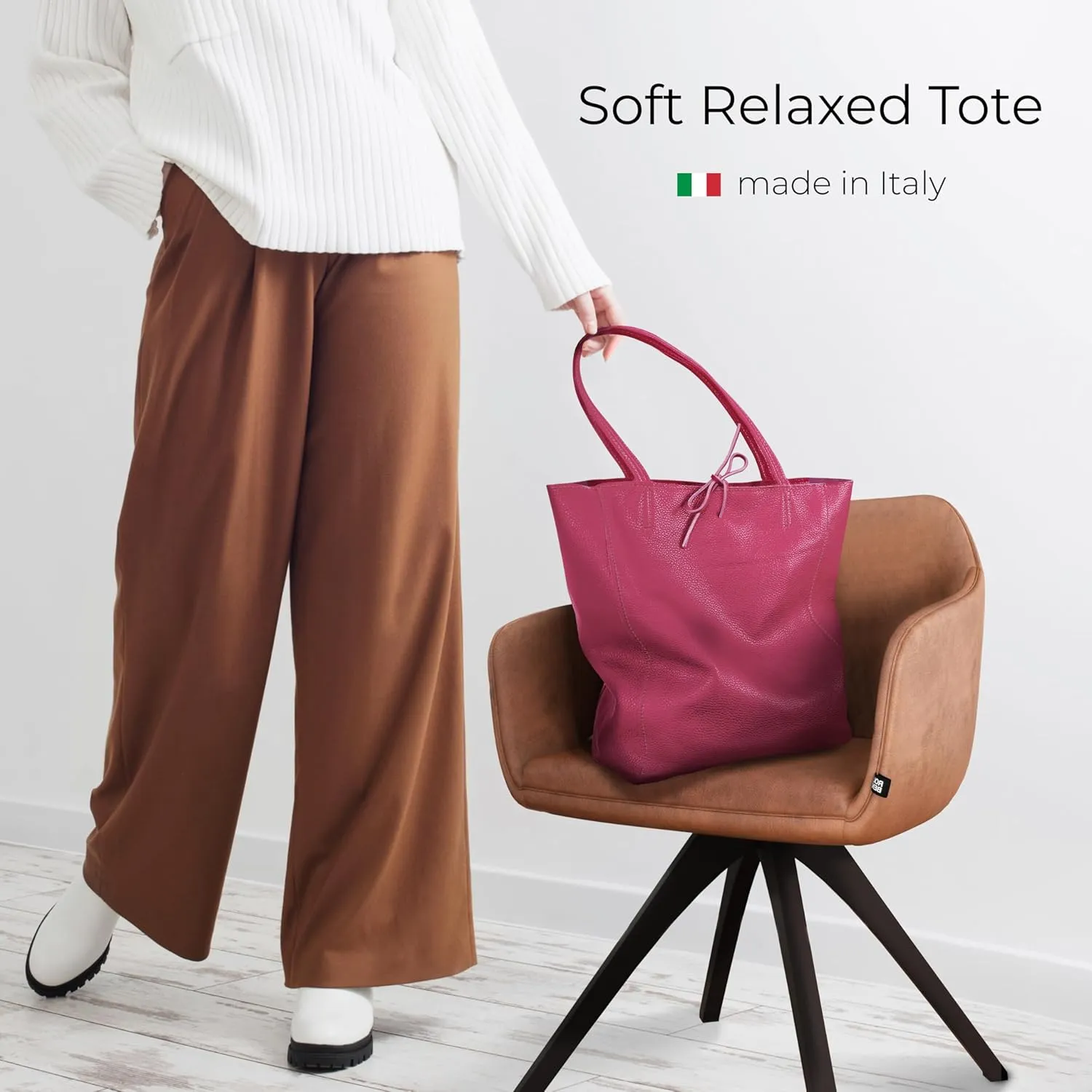 Soft Italian Genuine Calf Leather Tote Bag | Unstructured Unlined Shopper with Zipper, Inside Pocket & Flat Base